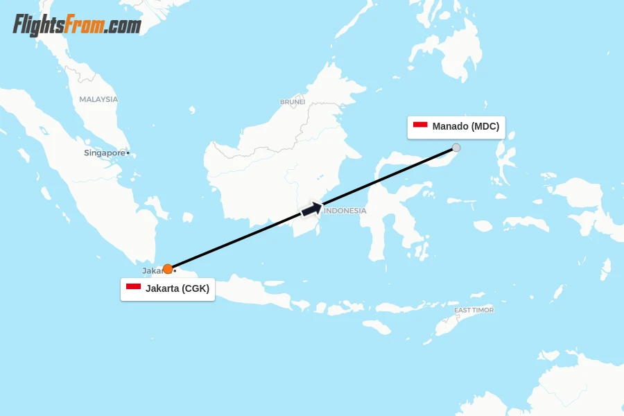 Flights from Jakarta to Manado route map
