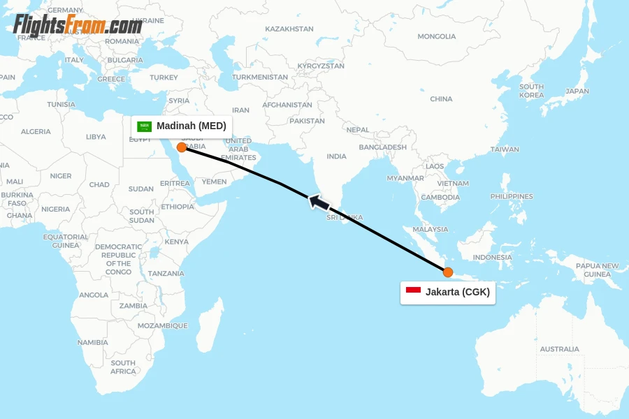 Flights from Jakarta to Madinah route map