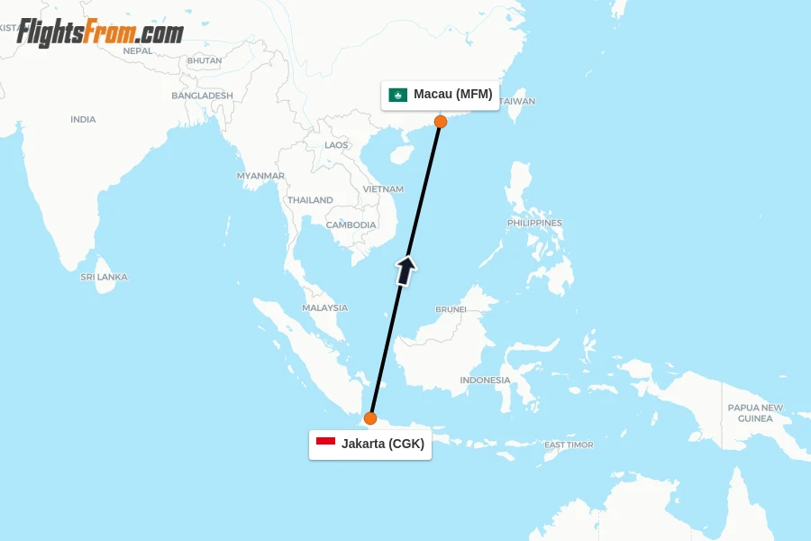 Flights from Jakarta to Macau route map
