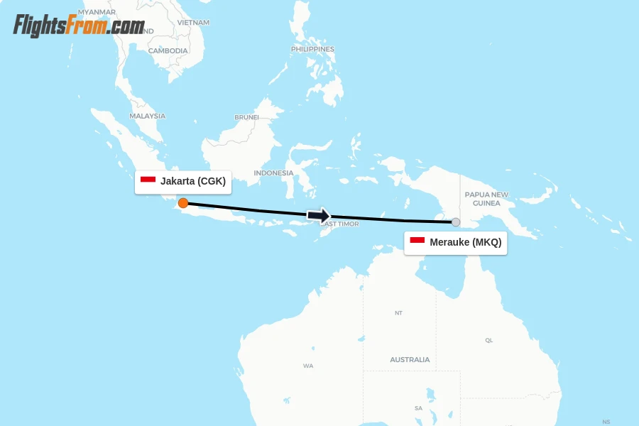 Flights from Jakarta to Merauke route map