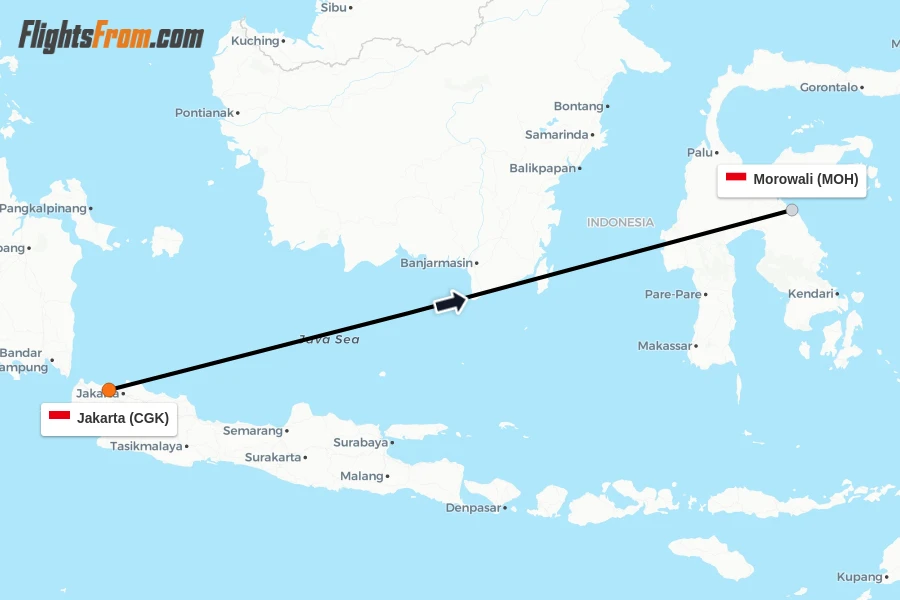 Flights from Jakarta to Morowali route map