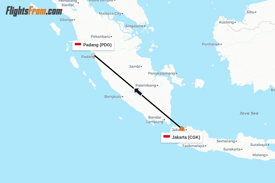 Flights from Jakarta to Padang route map