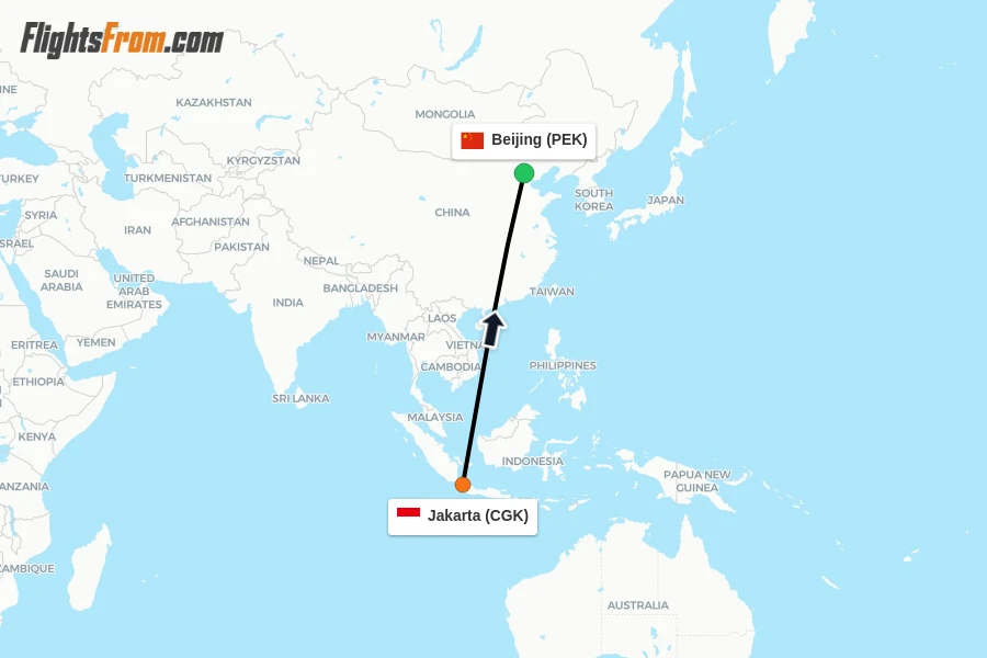 Flights from Jakarta to Beijing route map