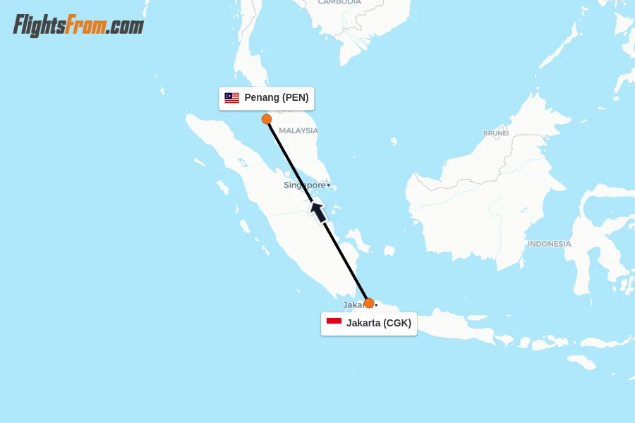 Flights from Jakarta to Penang route map