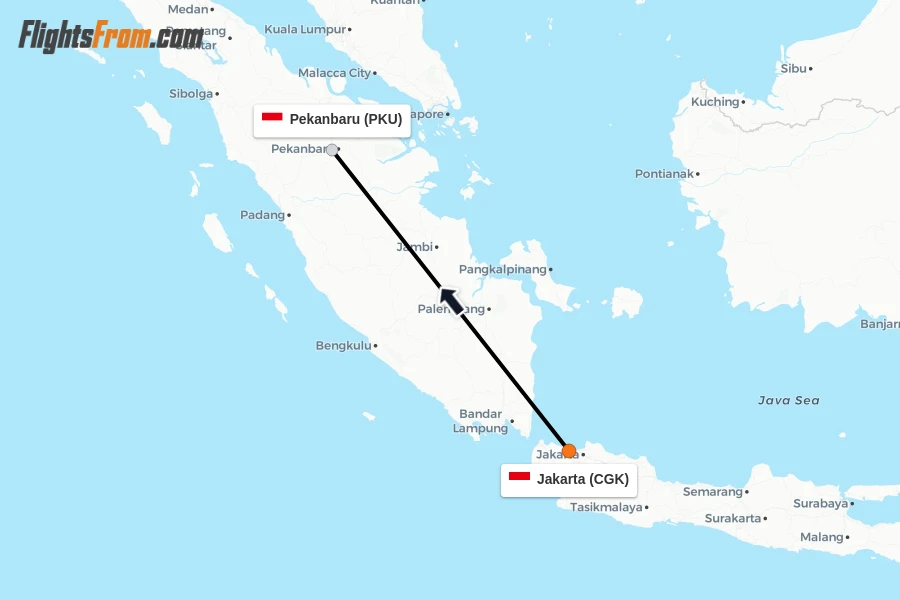 Flights from Jakarta to Pekanbaru route map
