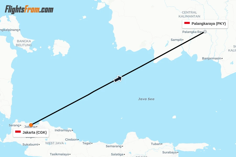 Flights from Jakarta to Palangkaraya route map