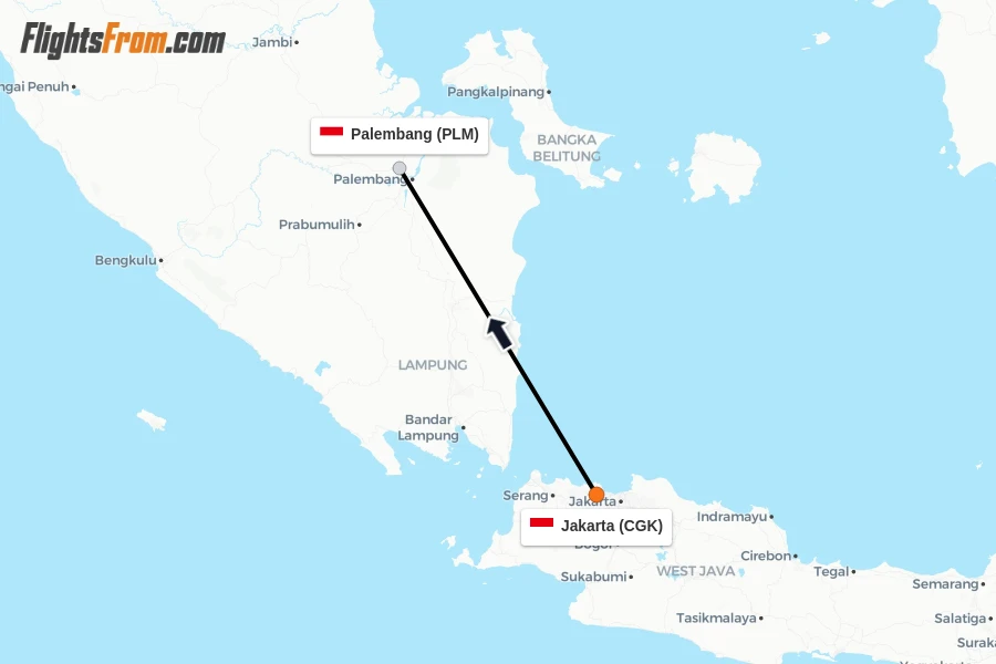Flights from Jakarta to Palembang route map