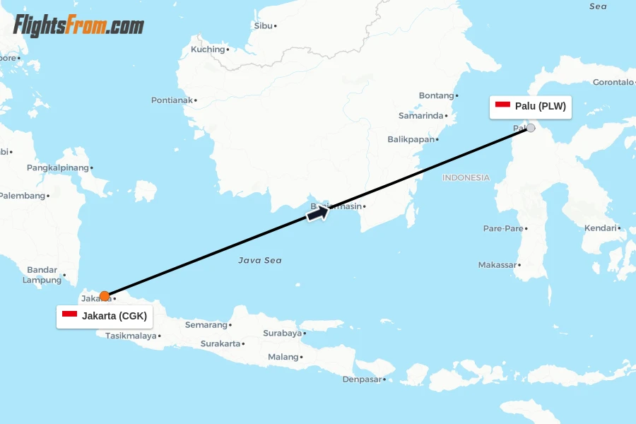 Flights from Jakarta to Palu route map