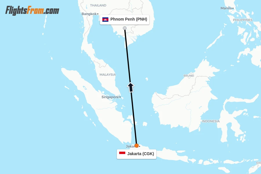 Flights from Jakarta to Phnom Penh route map