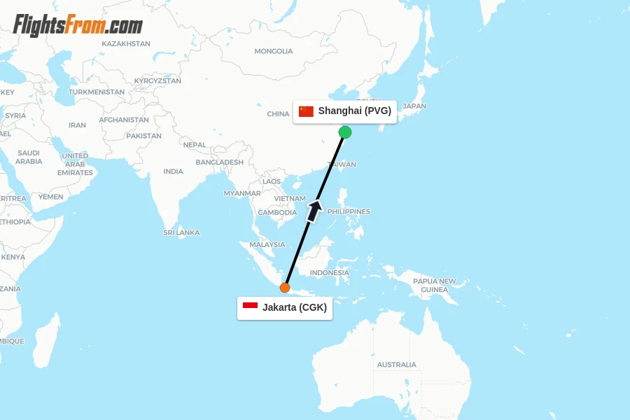 Flights from Jakarta to Shanghai route map