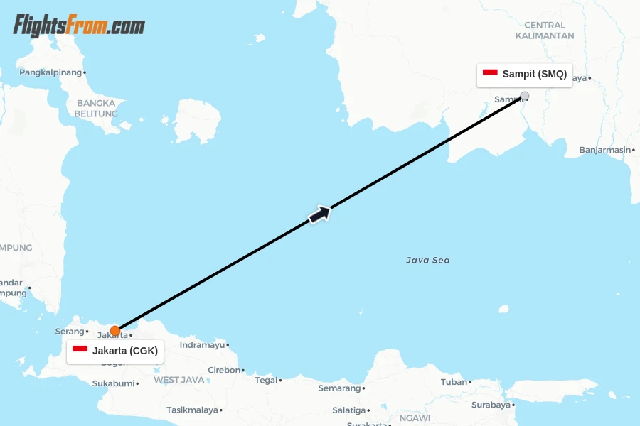 Flights from Jakarta to Sampit route map