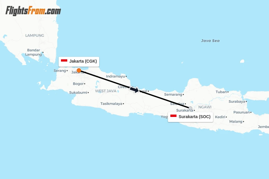 Flights from Jakarta to Surakarta route map