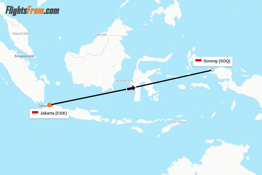 Flights from Jakarta to Sorong route map