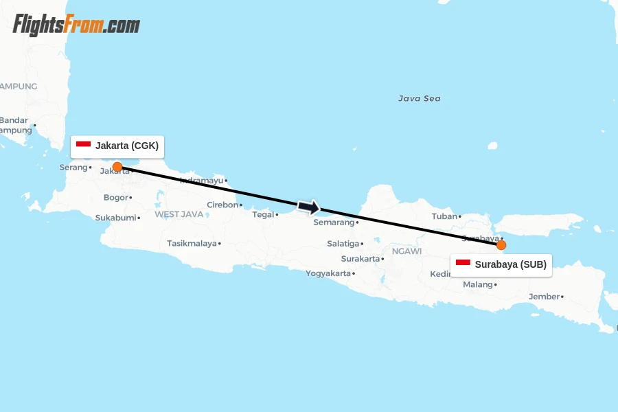 Flights from Jakarta to Surabaya route map