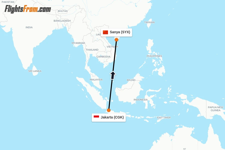 Flights from Jakarta to Sanya route map