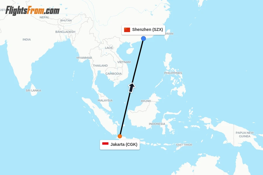 Flights from Jakarta to Shenzhen route map