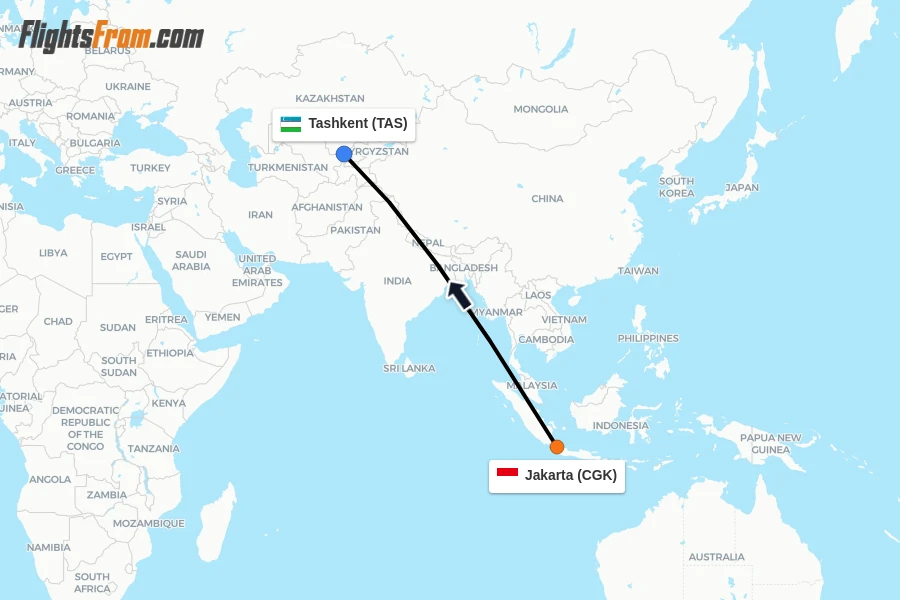 Flights from Jakarta to Tashkent route map