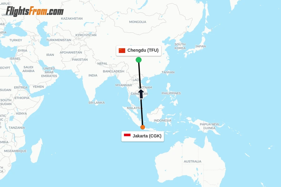 Flights from Jakarta to Chengdu route map