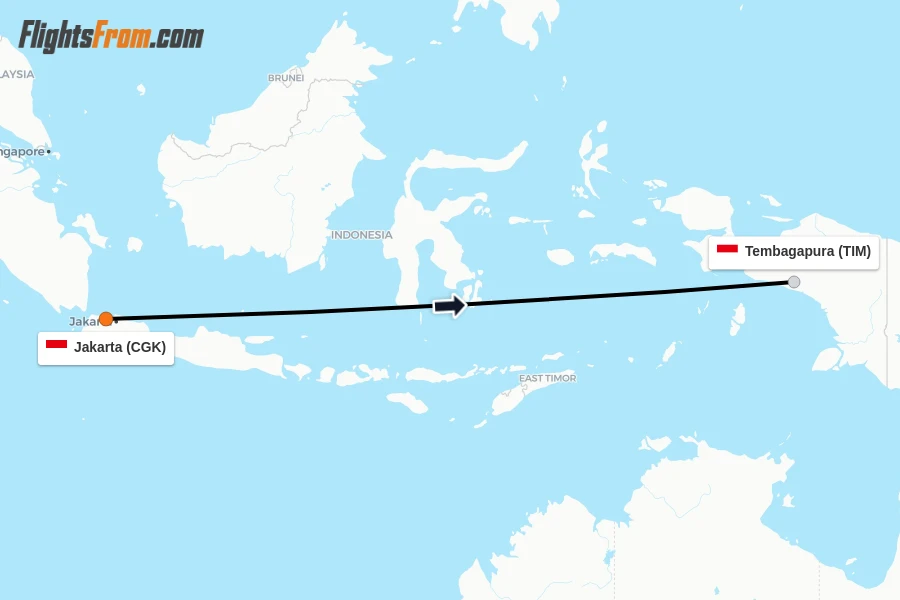 Flights from Jakarta to Tembagapura route map
