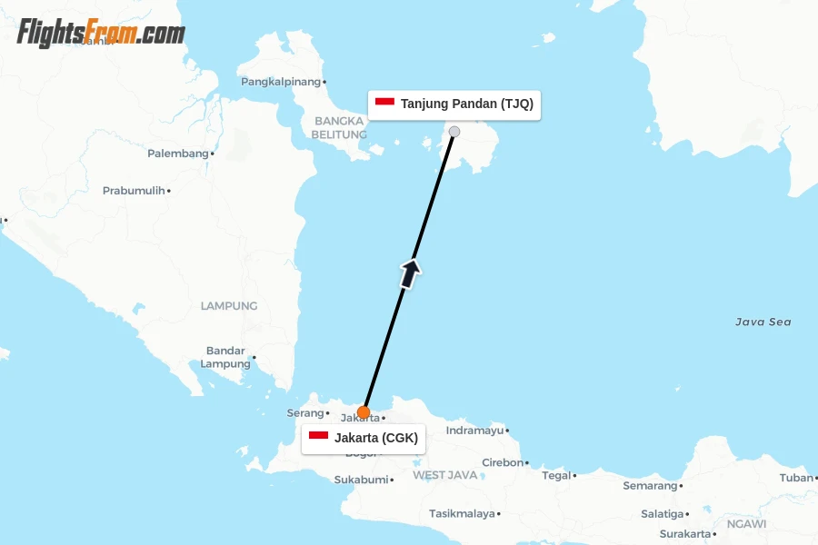 Flights from Jakarta to Tanjung Pandan route map