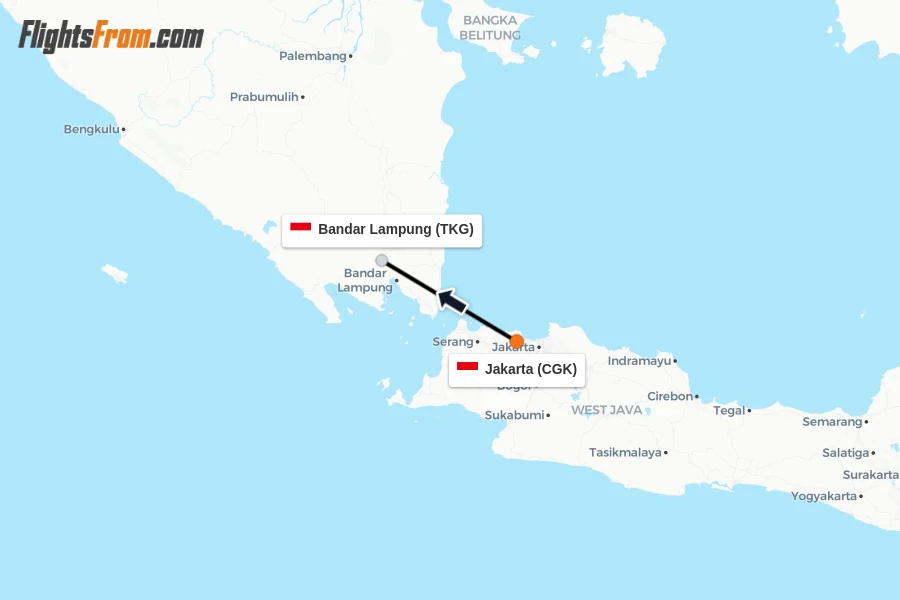 Flights from Jakarta to Bandar Lampung route map