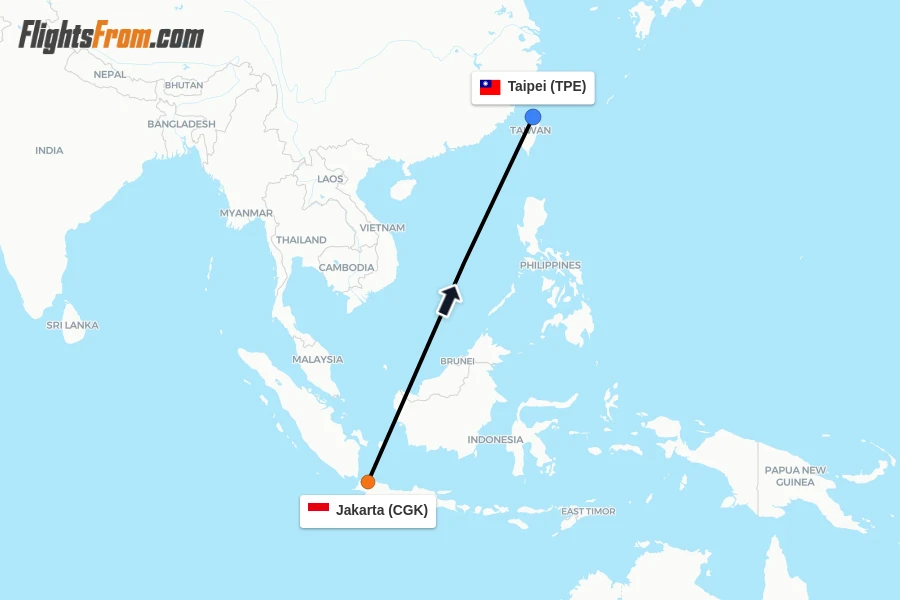 Flights from Jakarta to Taipei route map