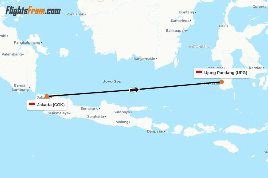 Flights from Jakarta to Ujung Pandang route map