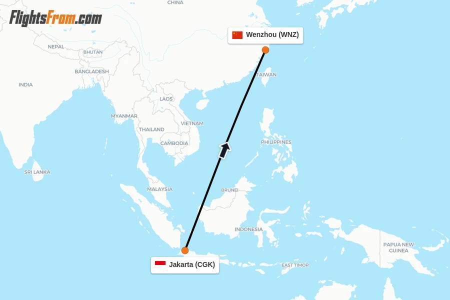 Flights from Jakarta to Wenzhou route map