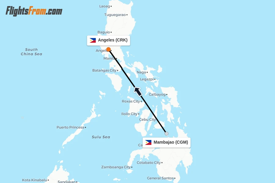 Flights from Mambajao to Angeles route map