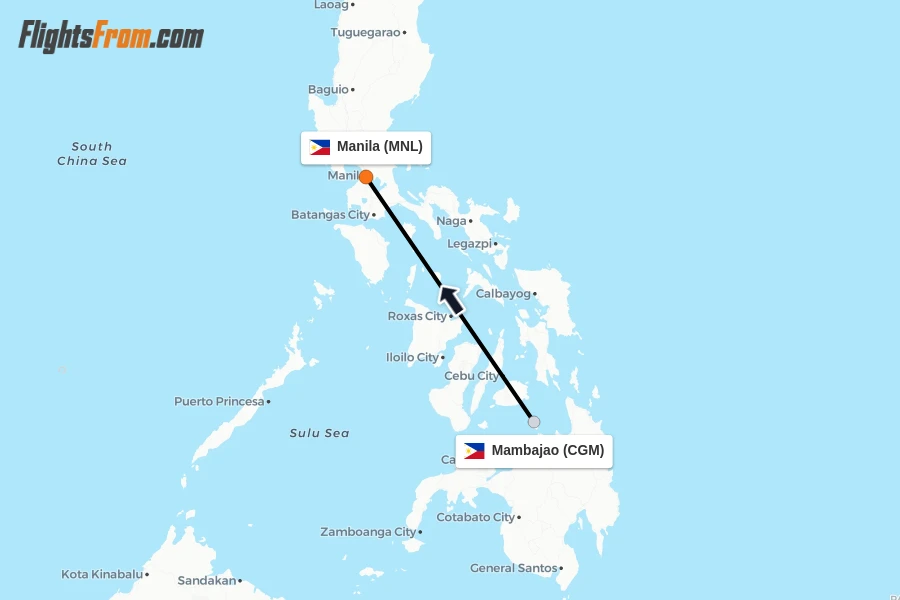 Flights from Mambajao to Manila route map