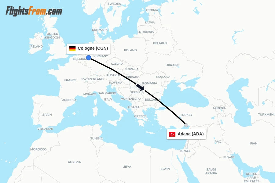 Flights from Cologne to Adana route map