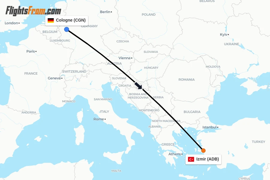 Flights from Cologne to Izmir route map