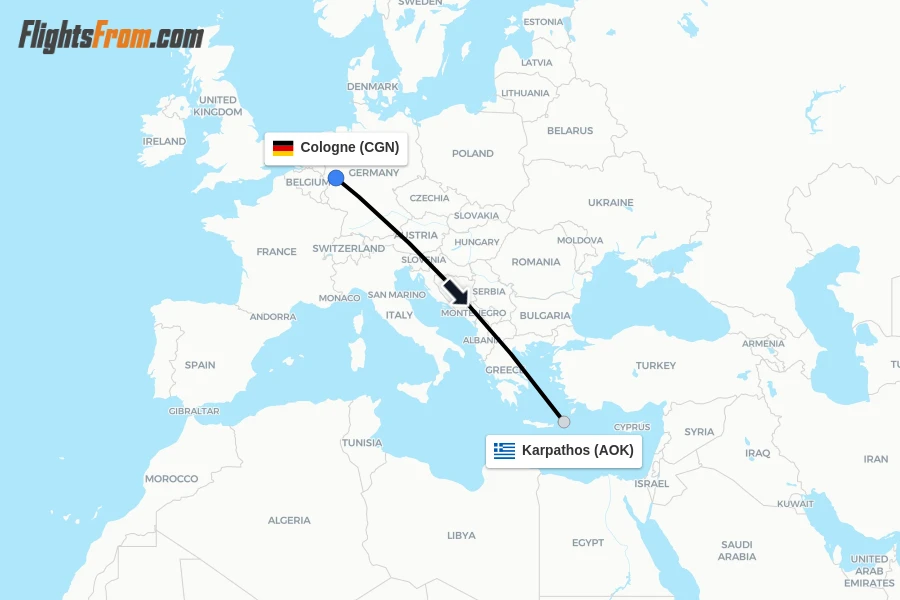 Flights from Cologne to Karpathos route map