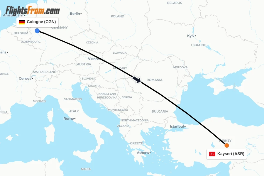 Flights from Cologne to Kayseri route map
