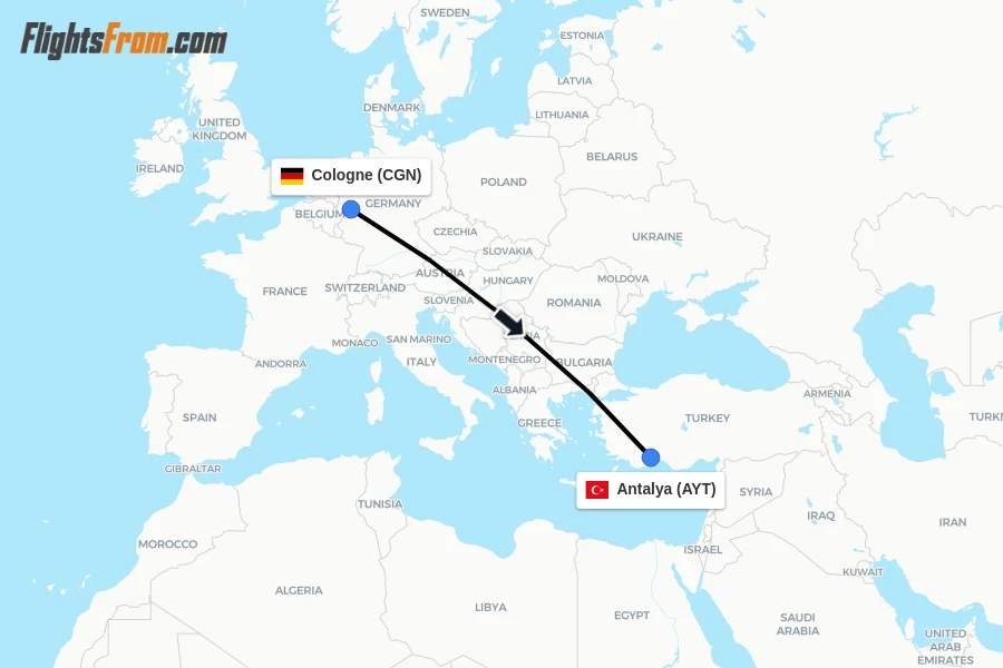 Flights from Cologne to Antalya route map