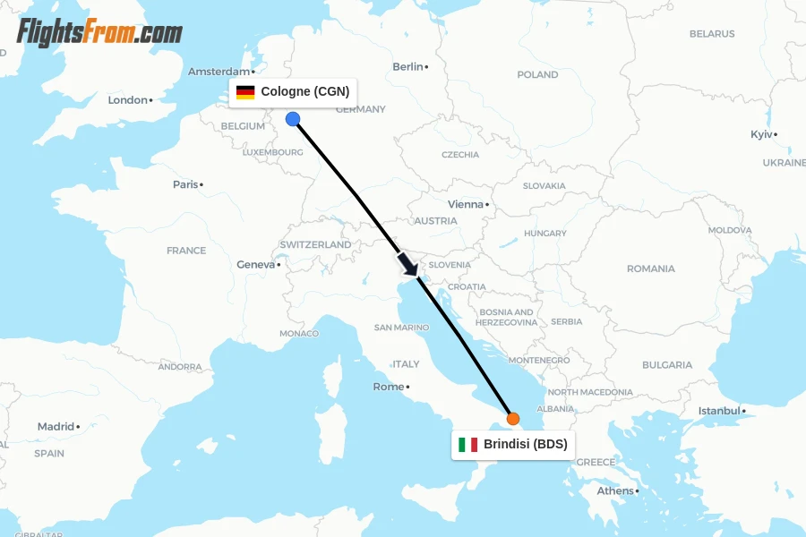 Flights from Cologne to Brindisi route map