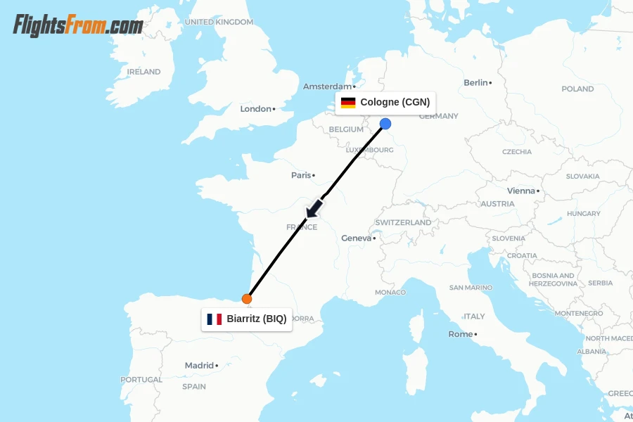 Flights from Cologne to Biarritz route map