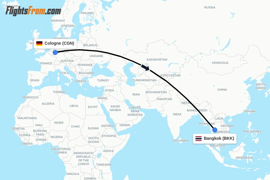 Flights from Cologne to Bangkok route map