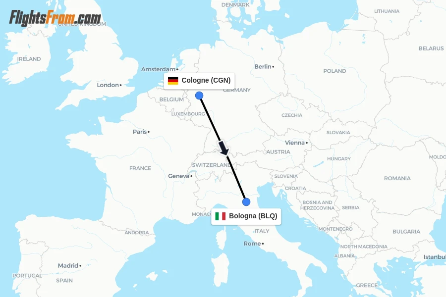 Flights from Cologne to Bologna route map