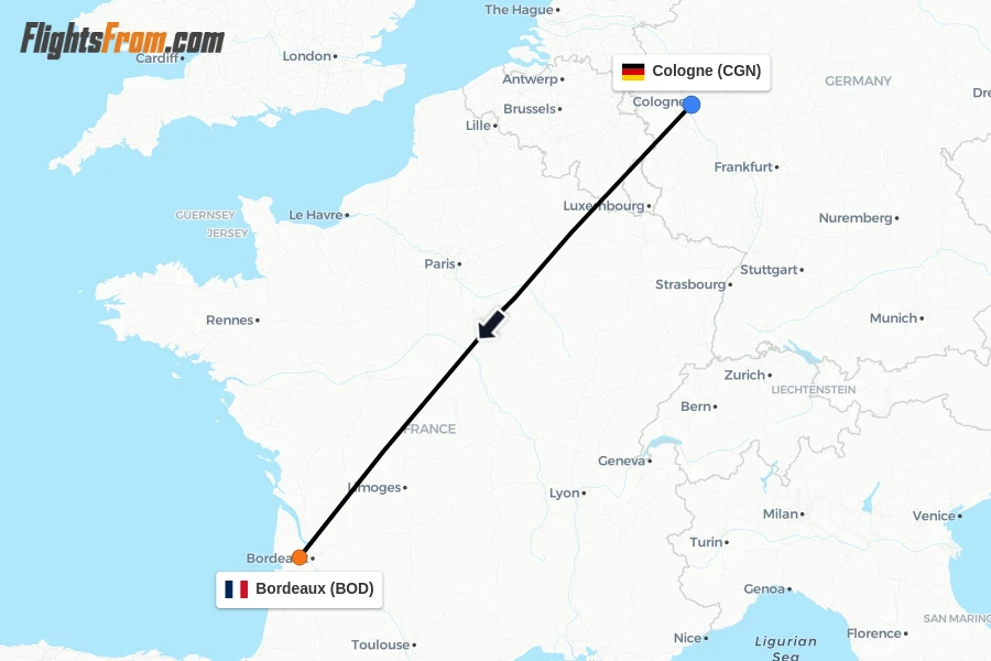 Flights from Cologne to Bordeaux route map