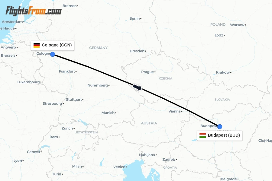 Flights from Cologne to Budapest route map