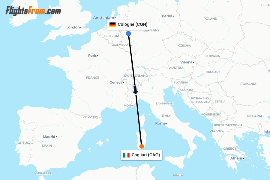 Flights from Cologne to Cagliari route map