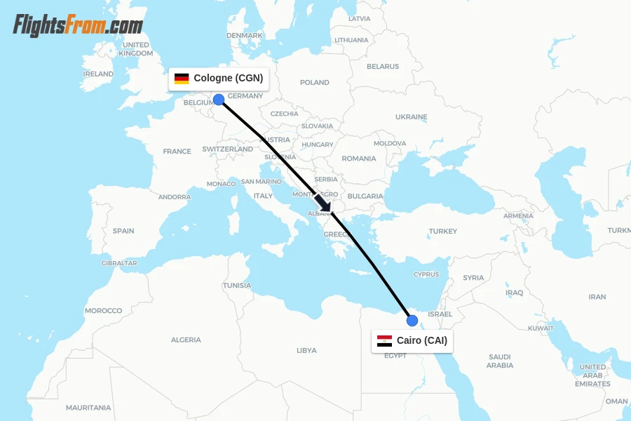Flights from Cologne to Cairo route map