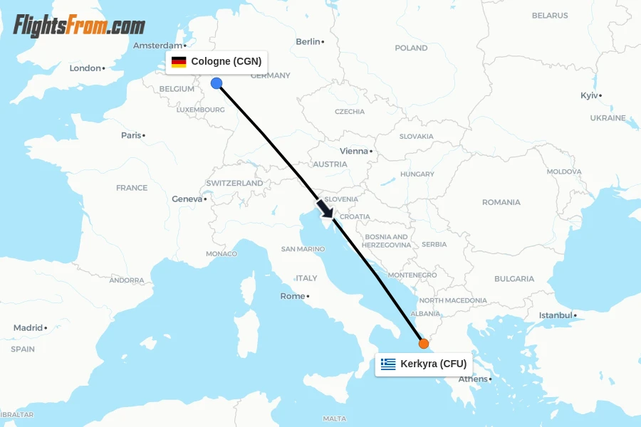 Flights from Cologne to Kerkyra route map
