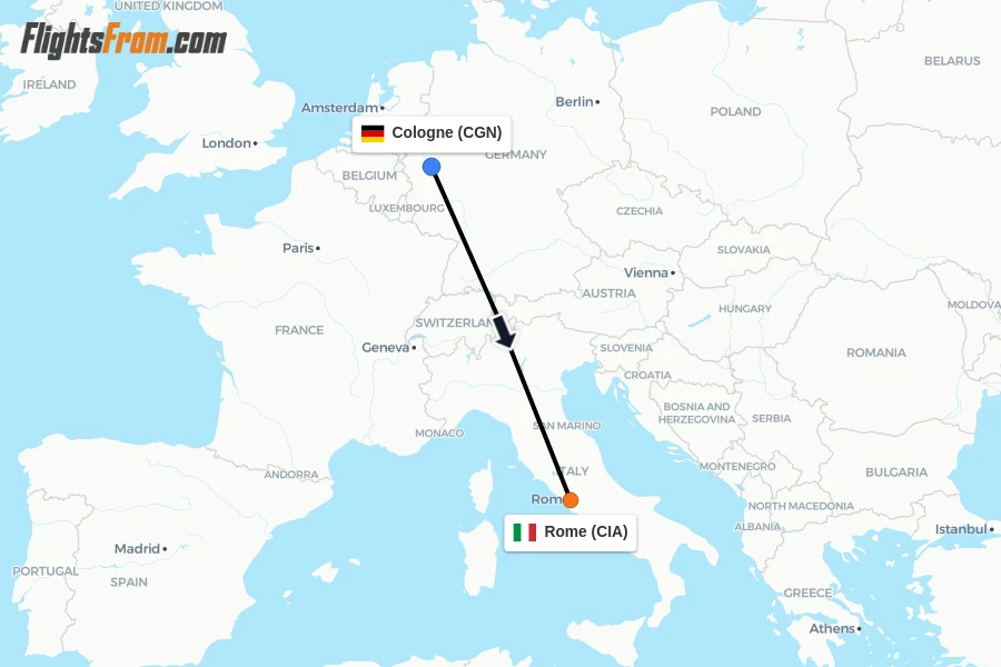 Flights from Cologne to Rome route map