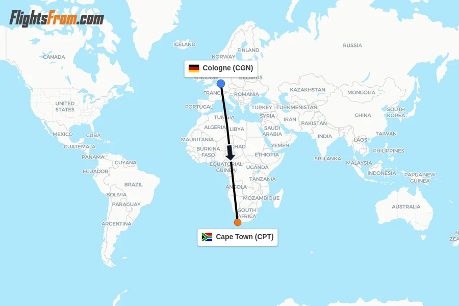 Flights from Cologne to Cape Town route map