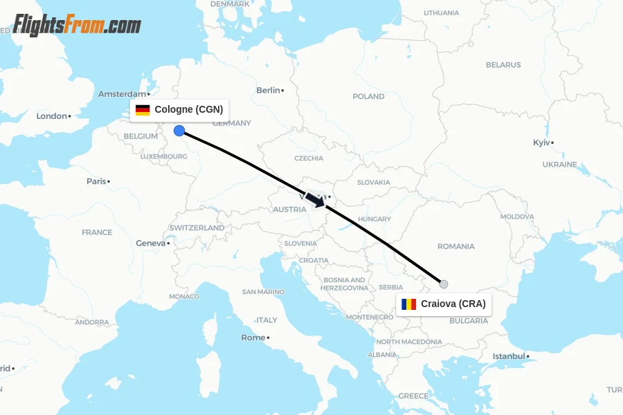 Flights from Cologne to Craiova route map