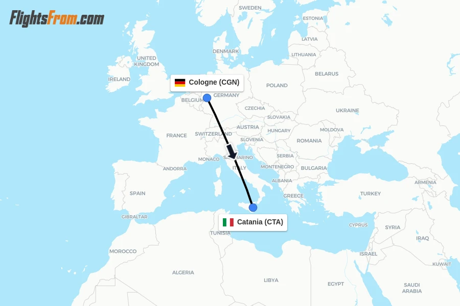 Flights from Cologne to Catania route map