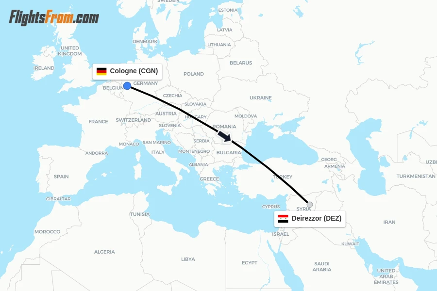Flights from Cologne to Deirezzor route map