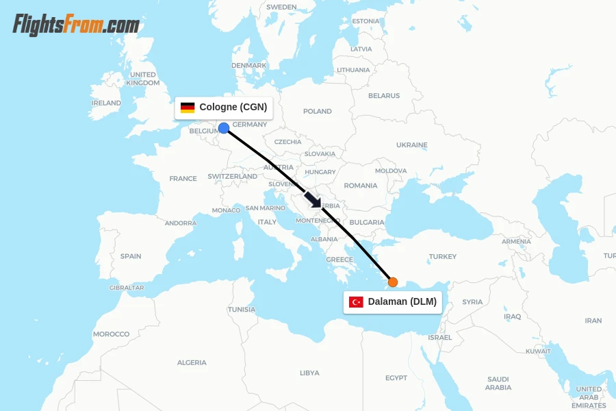 Flights from Cologne to Dalaman route map